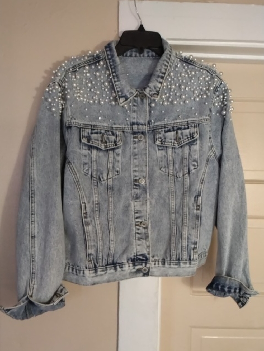 Light Wash Pearl-Embellished Denim Jacket - Women